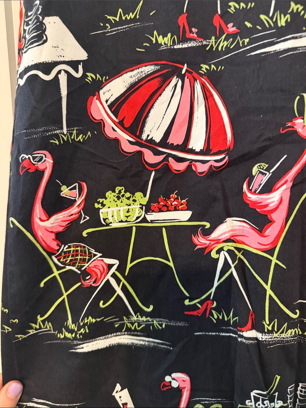 Vintage 90s Novelty Flamingo BBQ Cookout A-Line Skirt - Black with Pink Print - Picture 10 of 13